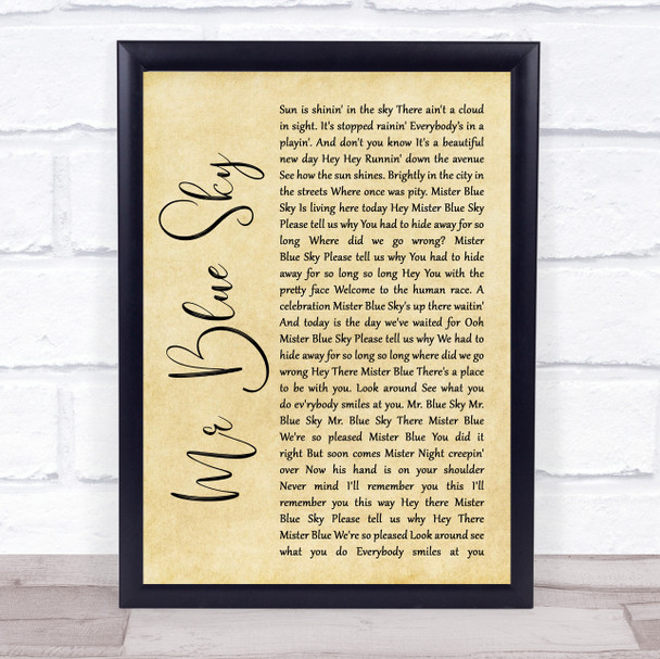 ELO Mr Blue Sky Rustic Script Song Lyric Quote Music Print