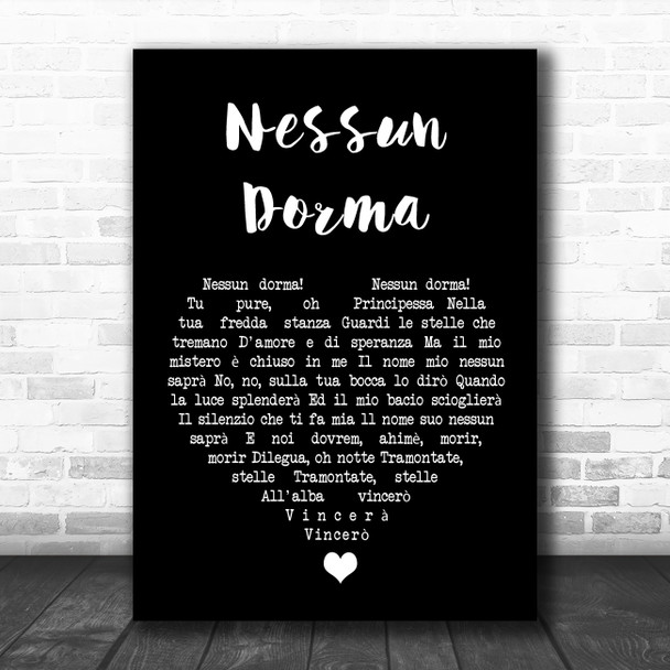 Luciano Pavarotti Nessun Dorma Black Heart Song Lyric Quote Music Print