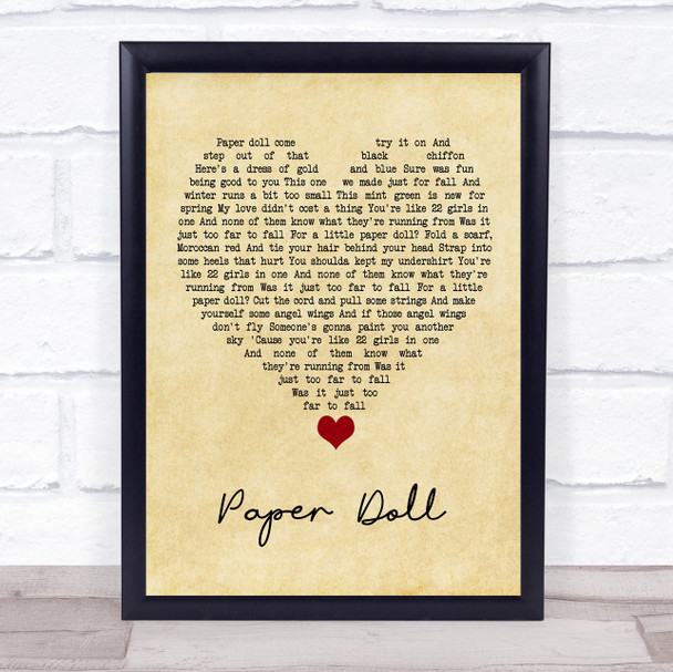 John Mayer Paper Doll Vintage Heart Song Lyric Quote Music Print