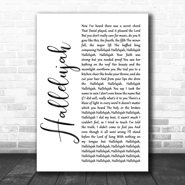 Leonard Cohen Hallelujah White Script Song Lyric Quote Music Print