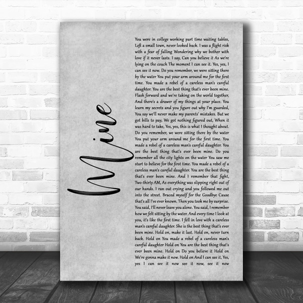 Taylor Swift Mine Grey Rustic Script Song Lyric Quote Music Print