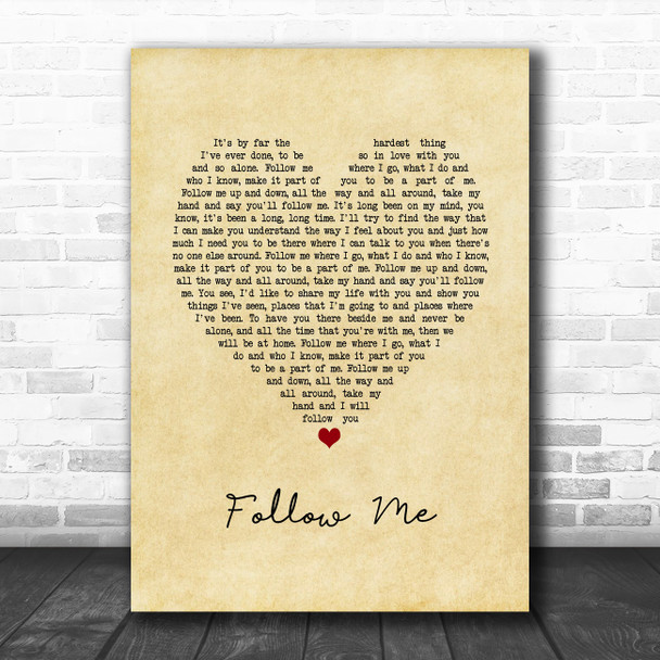 John Denver Follow Me Vintage Heart Song Lyric Quote Music Print