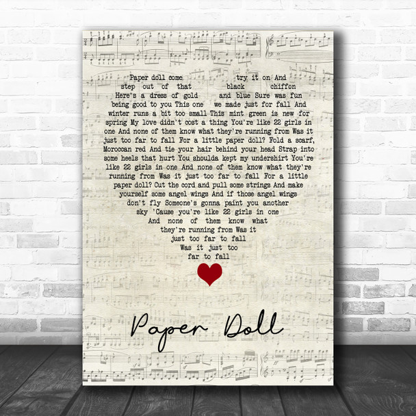 John Mayer Paper Doll Script Heart Song Lyric Quote Music Print