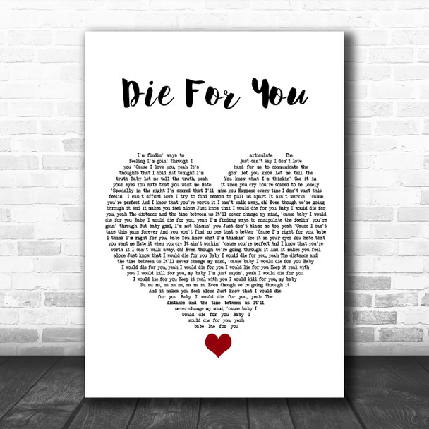 The Weeknd Die For You White Heart Song Lyric Quote Music Print