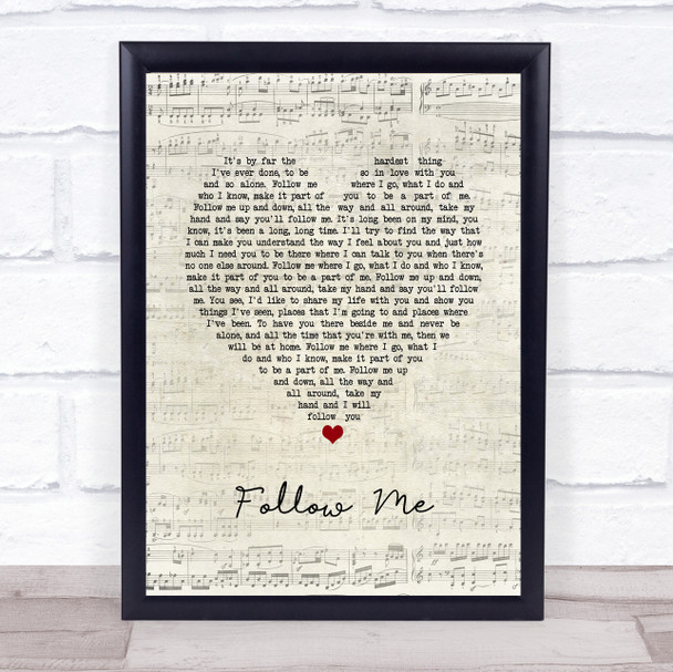 John Denver Follow Me Script Heart Song Lyric Quote Music Print