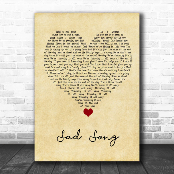 Oasis Sad Song Vintage Heart Song Lyric Quote Music Print