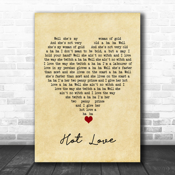 T Rex Hot Love Vintage Heart Song Lyric Quote Music Print