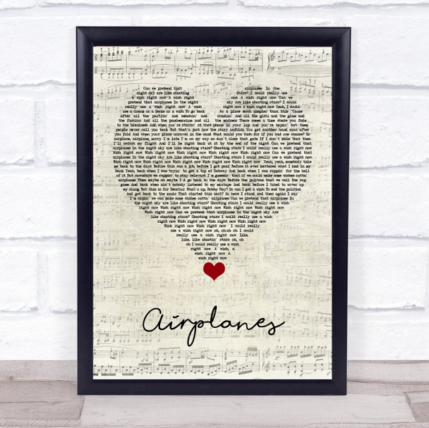 BoB Airplanes Script Heart Song Lyric Quote Music Print