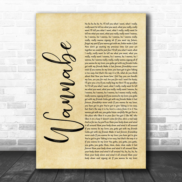 Spice Girls Wannabe Rustic Script Song Lyric Quote Music Print