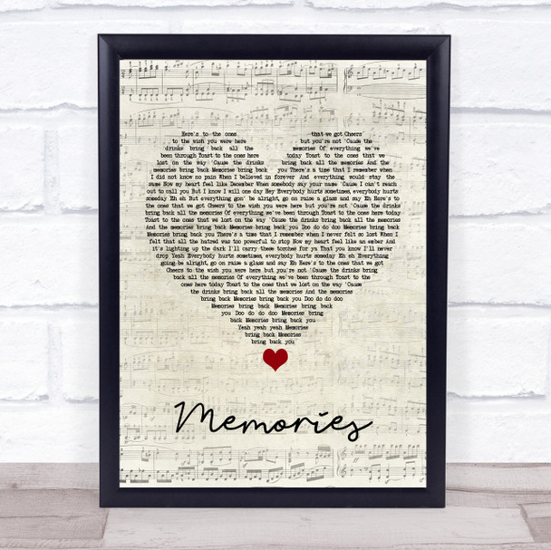 Maroon 5 Memories Script Heart Song Lyric Quote Music Print