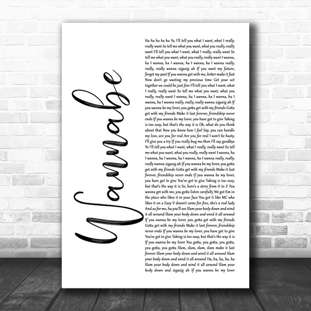 Spice Girls Wannabe White Script Song Lyric Quote Music Print