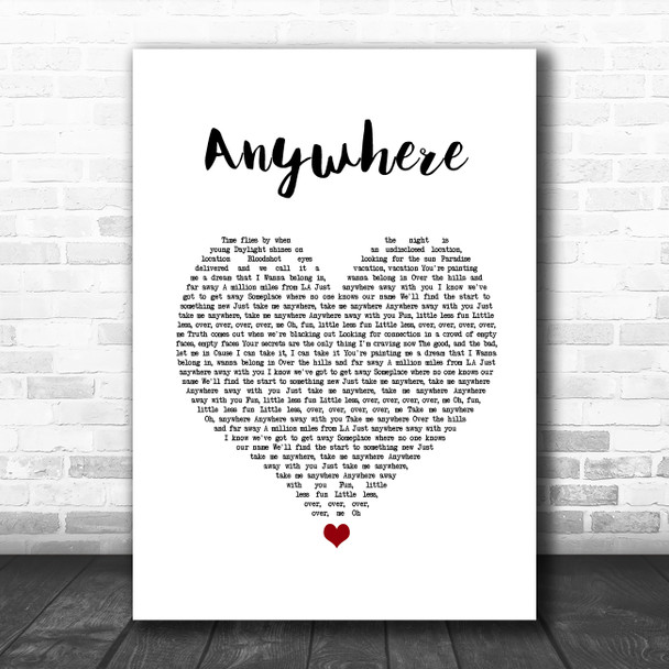 Rita Ora Anywhere White Heart Song Lyric Quote Music Print