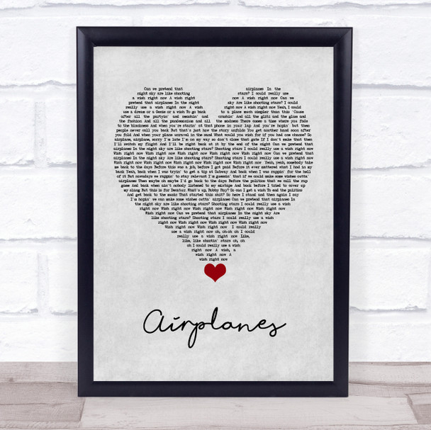 BoB Airplanes Grey Heart Song Lyric Quote Music Print