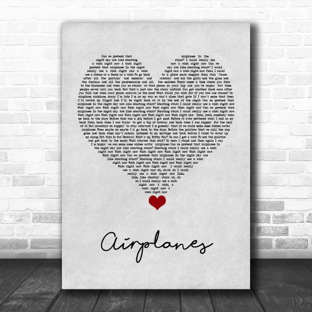 BoB Airplanes Grey Heart Song Lyric Quote Music Print
