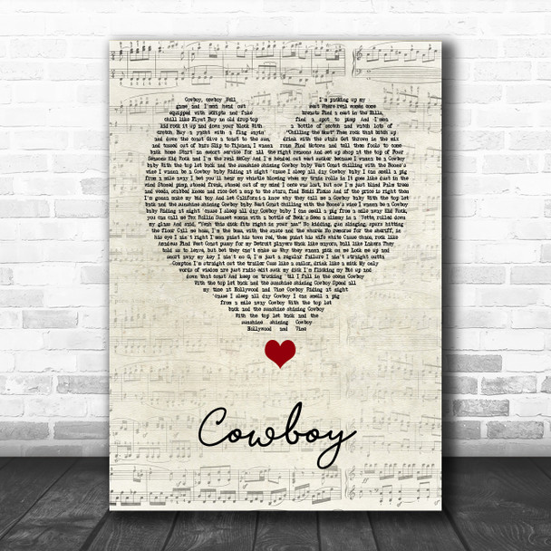 Kid Rock Cowboy Script Heart Song Lyric Quote Music Print