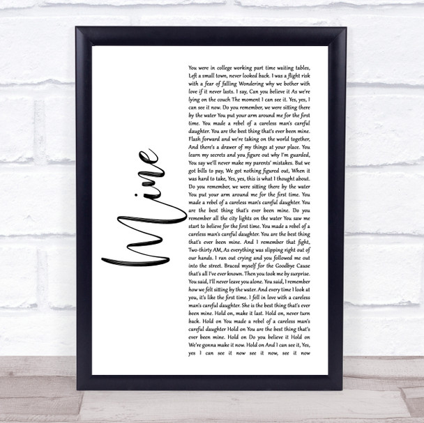 Taylor Swift Mine White Script Song Lyric Quote Music Print