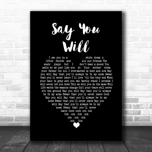 Hearts & Colors Say You Will Black Heart Song Lyric Wall Art Print