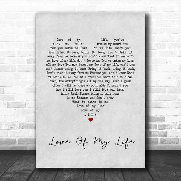 Queen Love Of My Life Grey Heart Song Lyric Music Wall Art Print
