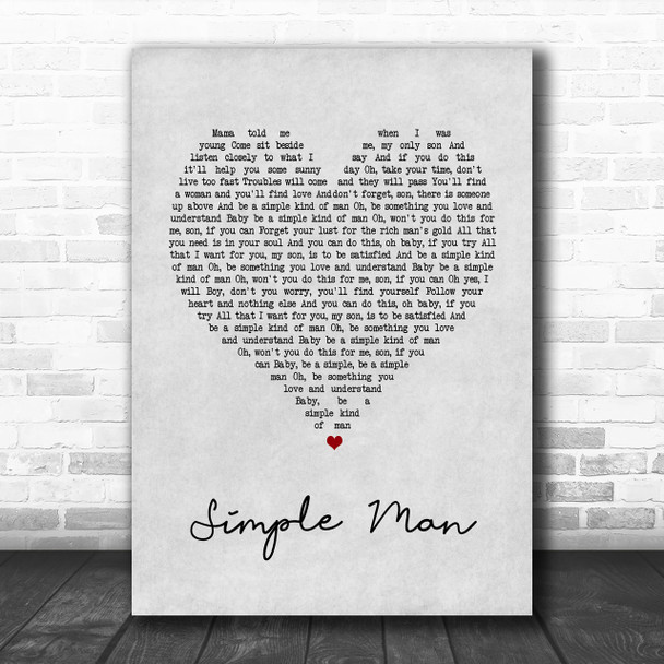 Lynyrd Skynyrd Simple Man Grey Heart Song Lyric Music Wall Art Print