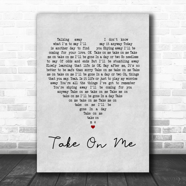 A-ha Take On Me Grey Heart Song Lyric Music Wall Art Print