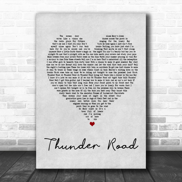 Bruce Springsteen Thunder Road Grey Heart Song Lyric Music Wall Art Print