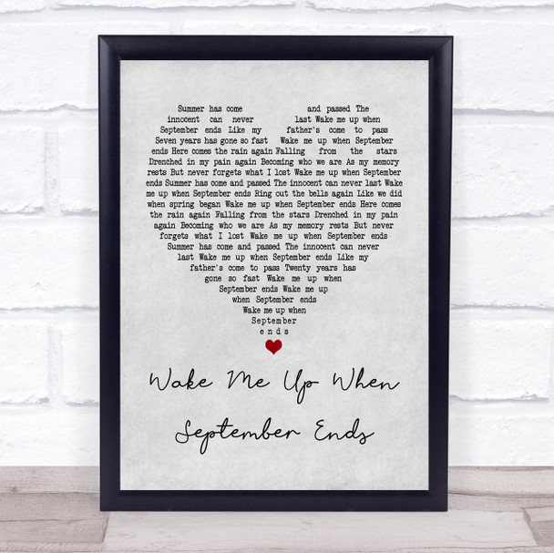 Green Day Wake Me Up When September Ends Grey Heart Song Lyric Music Wall Art Print