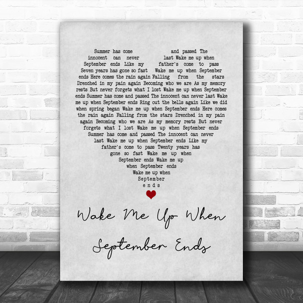 Green Day Wake Me Up When September Ends Grey Heart Song Lyric Music Wall Art Print