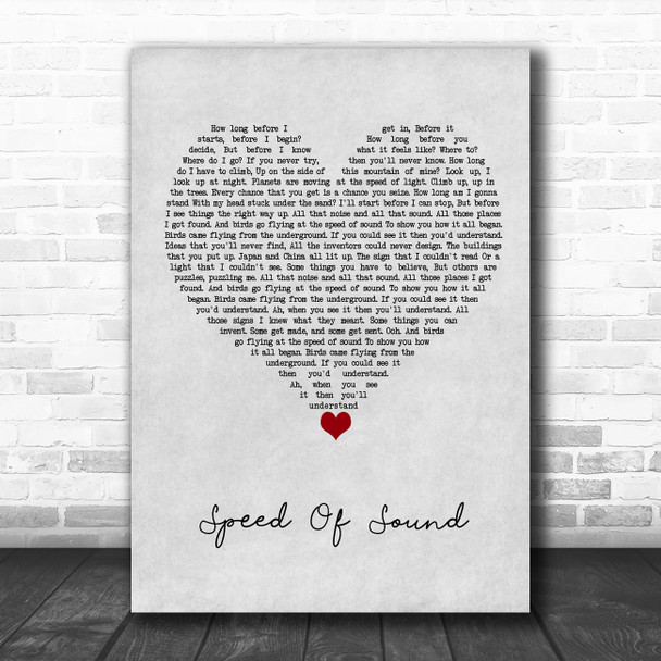 Coldplay Speed Of Sound Grey Heart Song Lyric Wall Art Print
