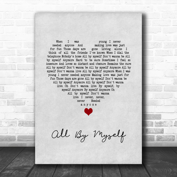 Celine Dion All By Myself Grey Heart Song Lyric Wall Art Print