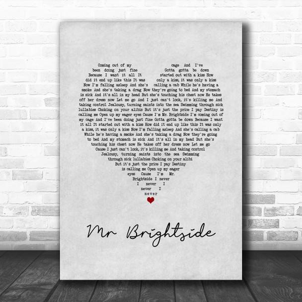The Killers Mr Brightside Grey Heart Song Lyric Wall Art Print