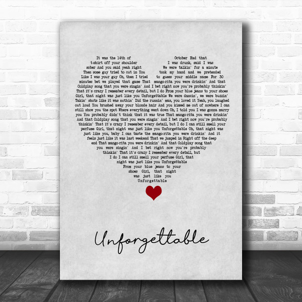 Thomas Rhett Unforgettable Grey Heart Song Lyric Wall Art Print