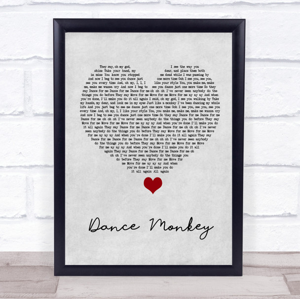 Tones And I Dance Monkey Grey Heart Song Lyric Wall Art Print