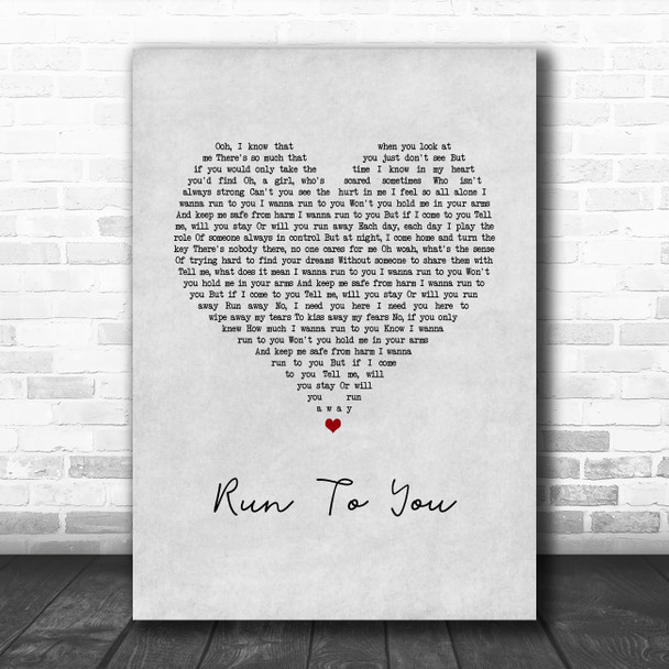 Whitney Houston Run To You Grey Heart Song Lyric Wall Art Print