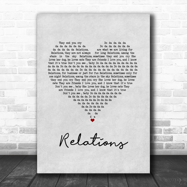 Erika Relations Grey Heart Song Lyric Wall Art Print