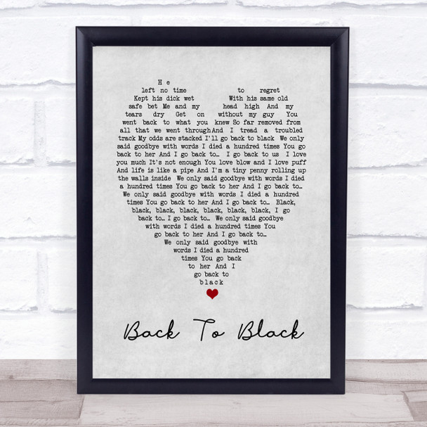 Back To Black Amy Winehouse Grey Heart Song Lyric Music Wall Art Print