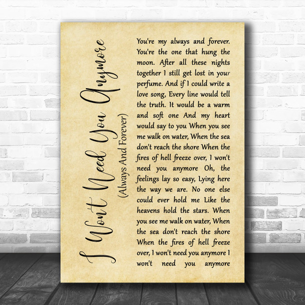 Randy Travis I Won't Need You Anymore (Always And Forever) Rustic Script Song Lyric Wall Art Print