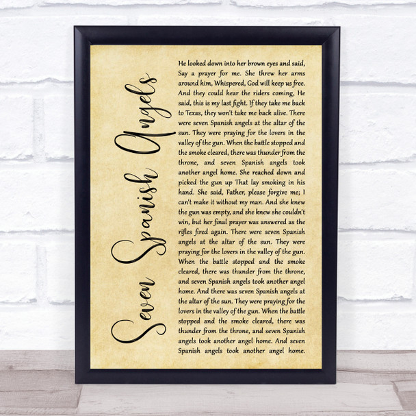 Ray Charles & Willie Nelson Seven Spanish Angels Rustic Script Song Lyric Wall Art Print
