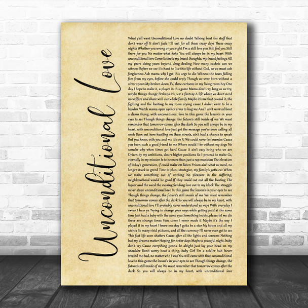 2Pac Unconditional Love Rustic Script Song Lyric Wall Art Print