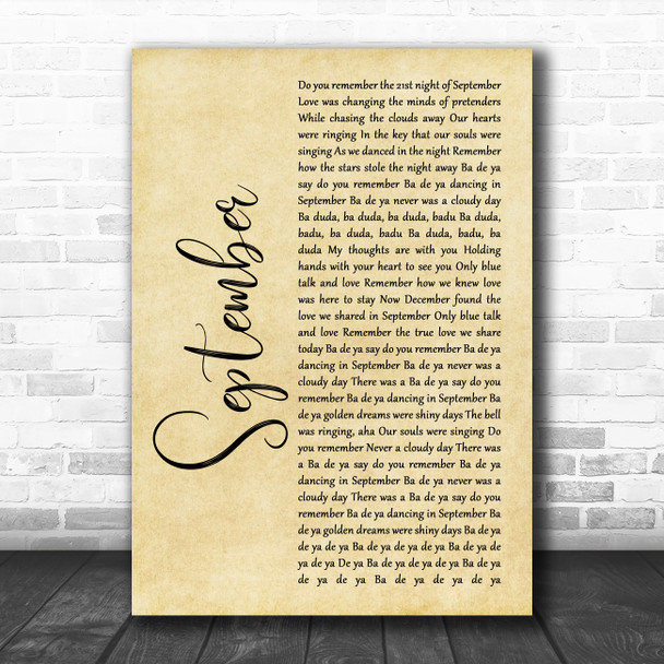 Earth, Wind And Fire September Rustic Script Song Lyric Wall Art Print