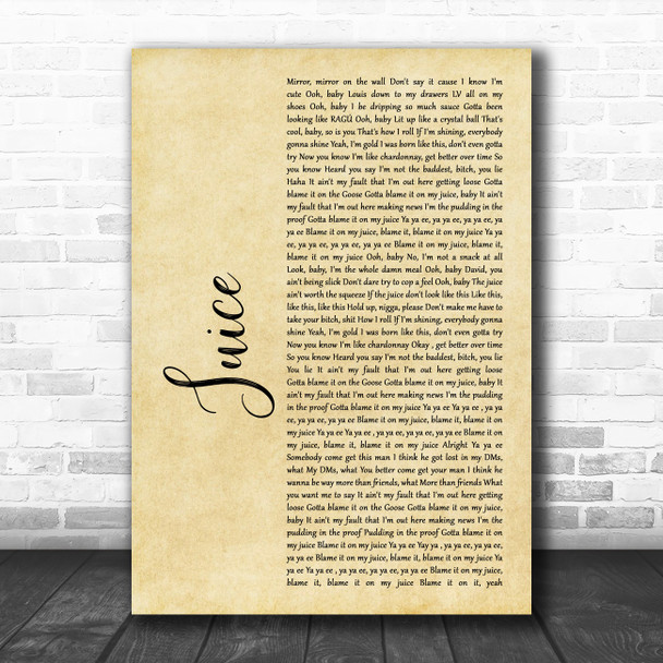 Lizzo Juice Rustic Script Song Lyric Wall Art Print