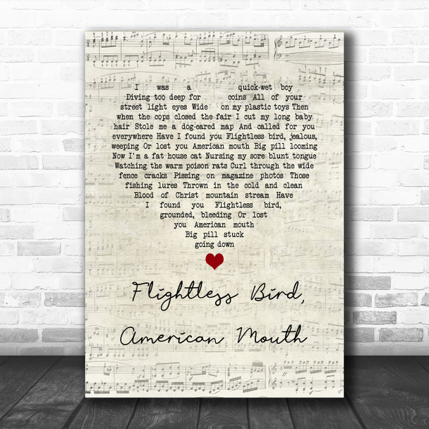 Iron & Wine Flightless Bird, American Mouth Script Heart Song Lyric Wall Art Print