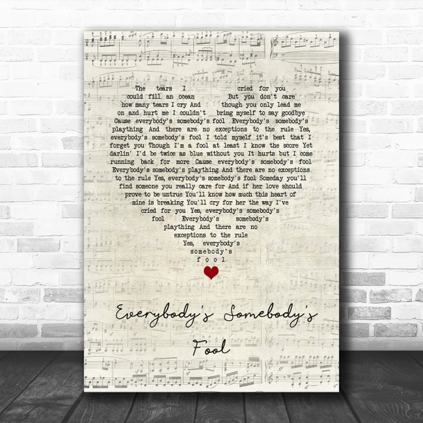 Connie Francis Everybody's Somebody's Fool Script Heart Song Lyric Wall Art Print