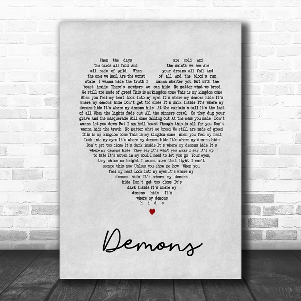 Demons Imagine Dragons Grey Heart Song Lyric Music Wall Art Print