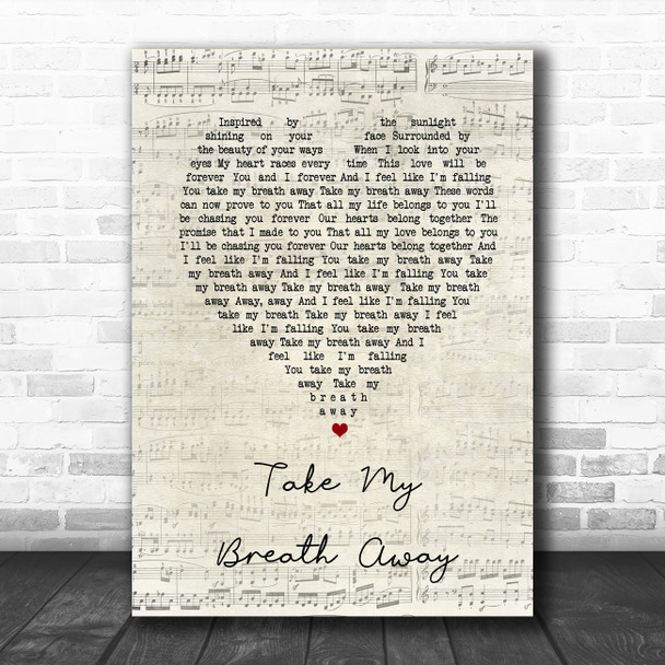 Spoken Take My Breath Away Script Heart Song Lyric Wall Art Print