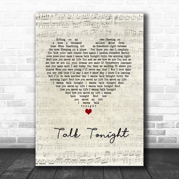 Oasis Talk Tonight Script Heart Song Lyric Wall Art Print