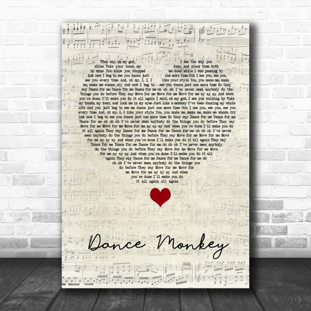 Tones And I Dance Monkey Script Heart Song Lyric Wall Art Print