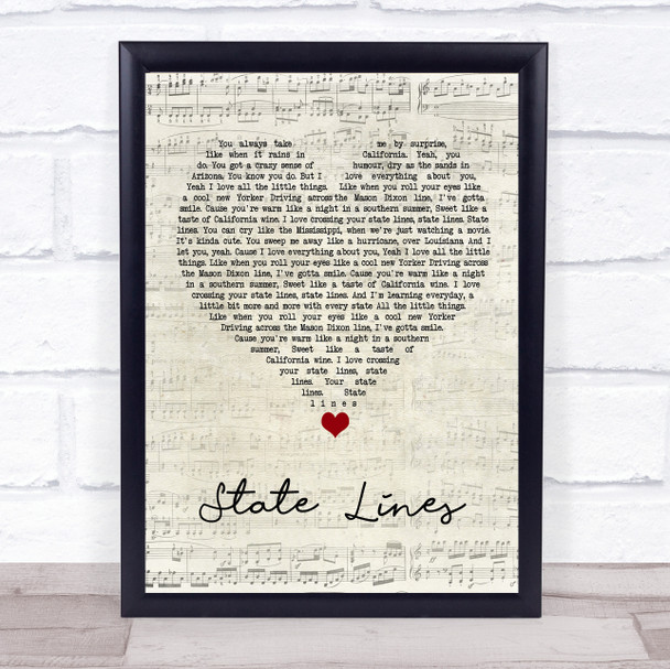 The Shires State Lines Script Heart Song Lyric Wall Art Print