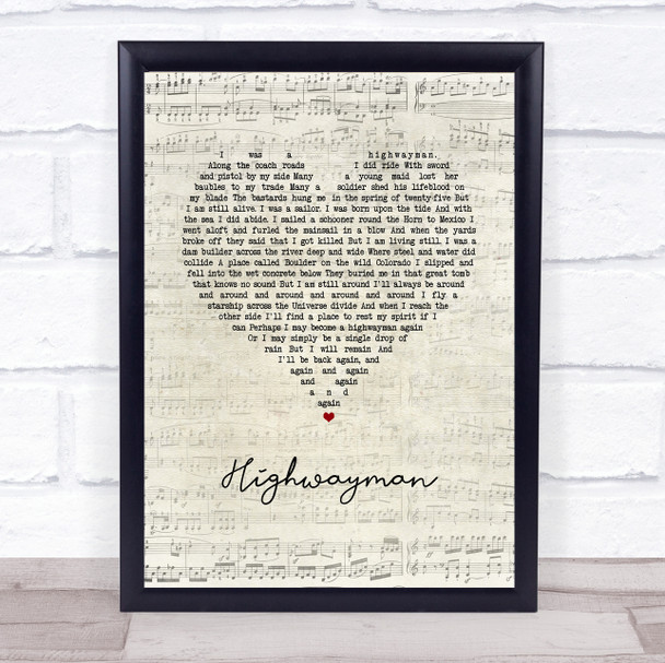 Johnny Cash Highwayman Script Heart Song Lyric Wall Art Print