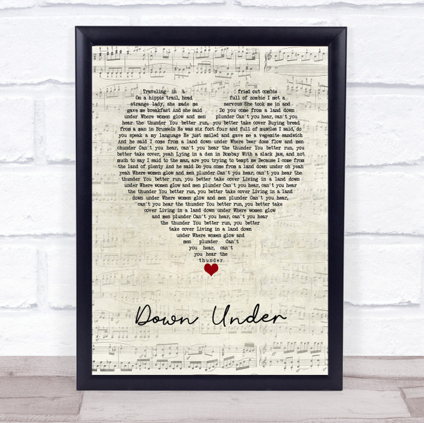 Men At Work Down Under Script Heart Song Lyric Wall Art Print