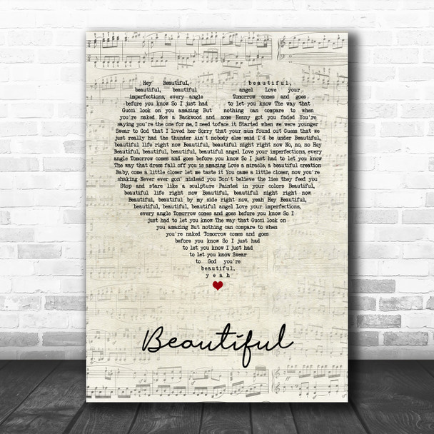 Bazzi Beautiful Script Heart Song Lyric Wall Art Print